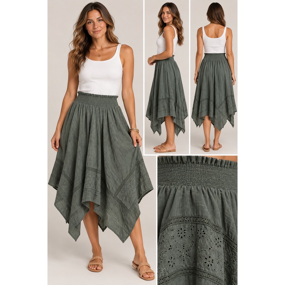 Destination 365 Olive Green Cotton Eyelet Lace Handkerchief Hem Skirt Medium